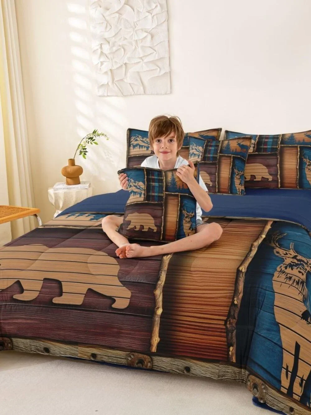 Rustic Cabin 7 Piece Bedding Set Queen Size Wild Bear Deer Comforter Set with Sh